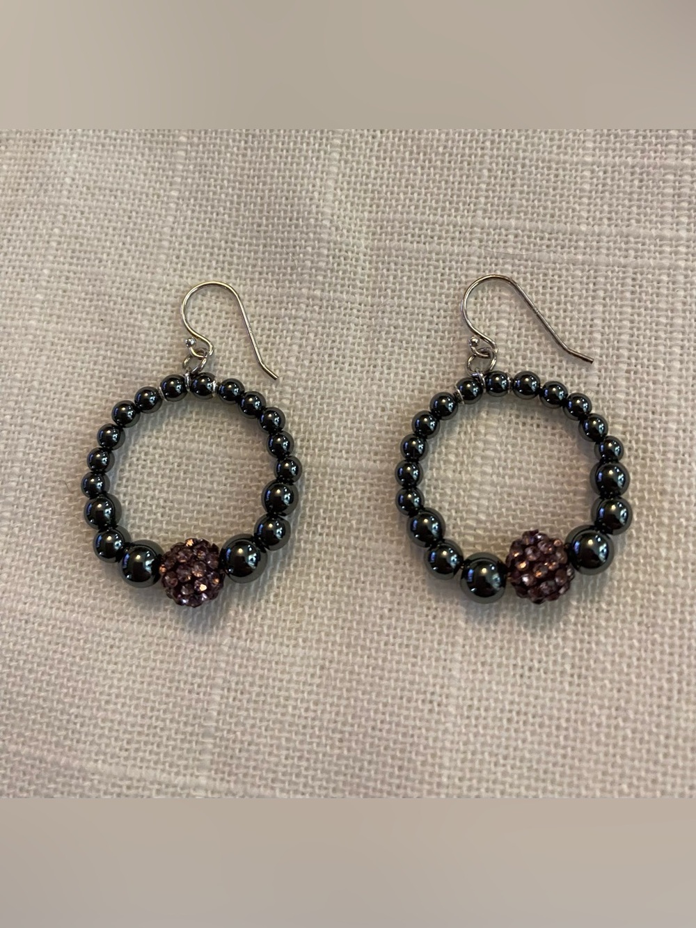 Hematite Beaded Hoop Earrings with Swarovski Purple Crystal Accent Sterling